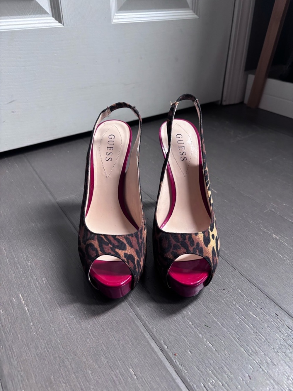 GUESS Women’s Leopard Print Peep-Toe Slingback Heels in Red Accent